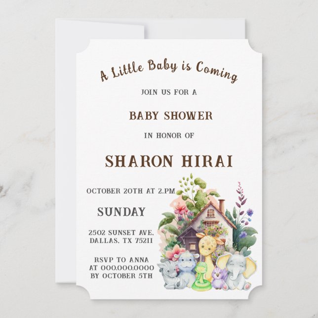 Invitación a Baby Shower de animales de curso | Ma (Reverso)