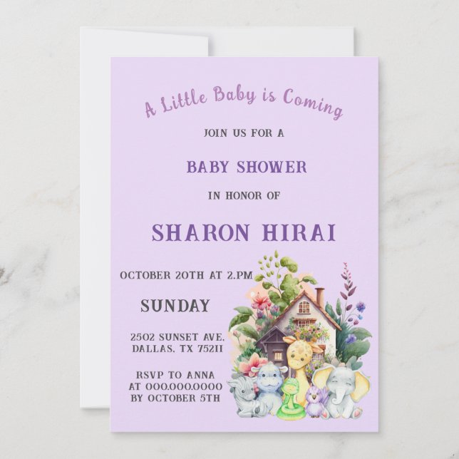 Invitación a Baby Shower de animales de curso | Pú (Reverso)