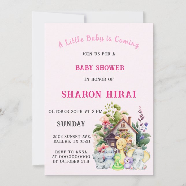Invitación a Baby Shower de animales de curso | Ro (Reverso)