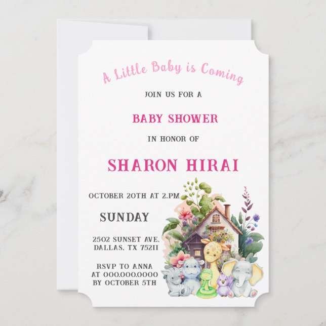 Invitación a Baby Shower de animales de curso | Ro (Reverso)