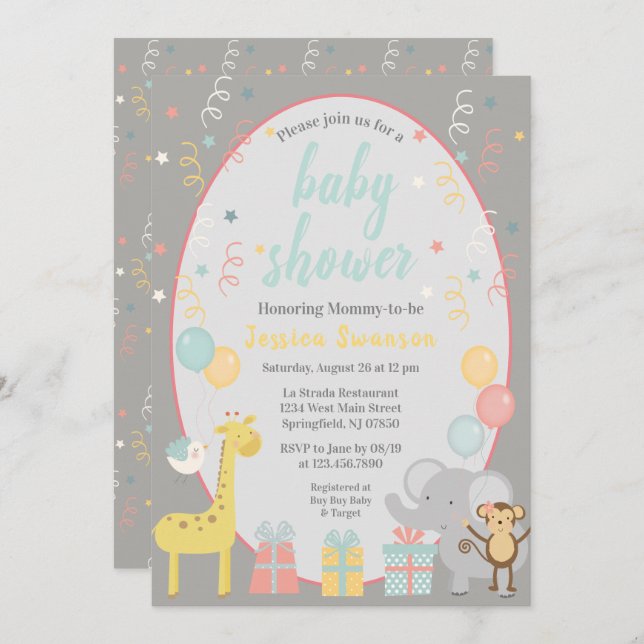 Invitación a Baby Shower de animales de Fiesta lin (Anverso / Reverso)