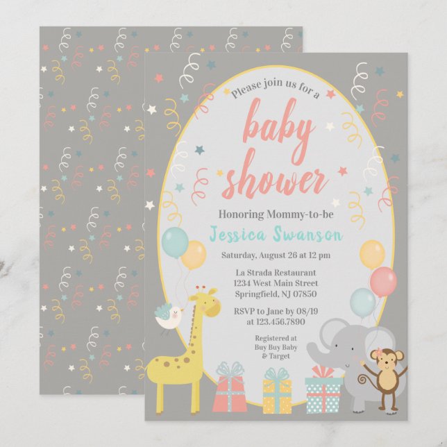 Invitación a Baby Shower de animales de Fiesta lin (Anverso / Reverso)