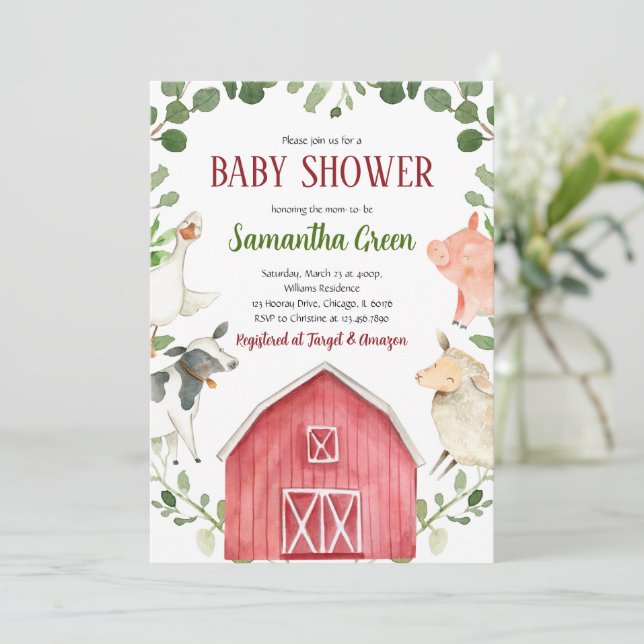 Invitación a Baby Shower de Animales de Granja (Anverso de pie)