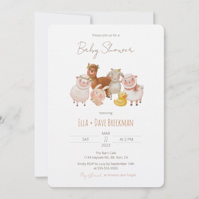 Invitación a Baby Shower de animales de granja de  (Anverso)