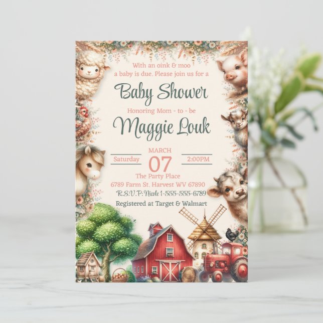 Invitación a Baby Shower de animales de granja de  (Anverso de pie)