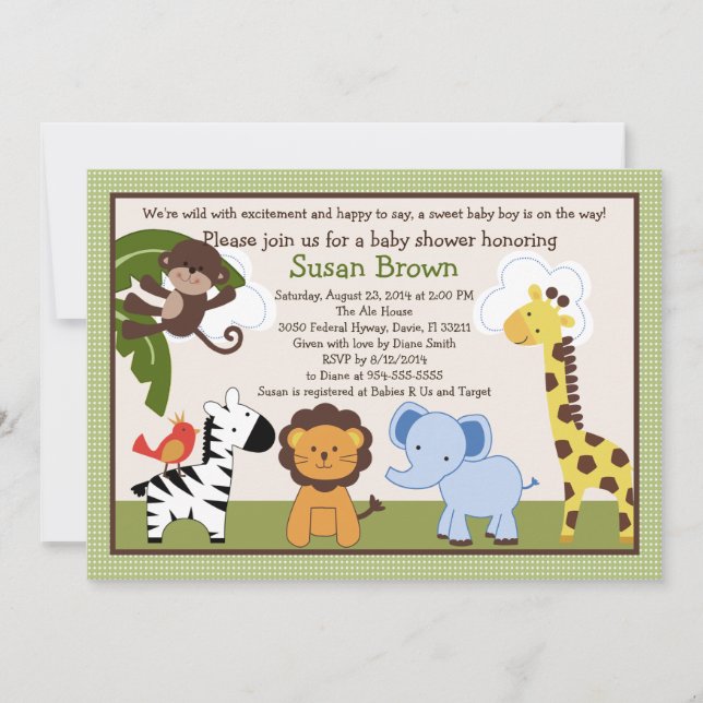 Invitación a Baby Shower de animales de Jungle Pal (Anverso)