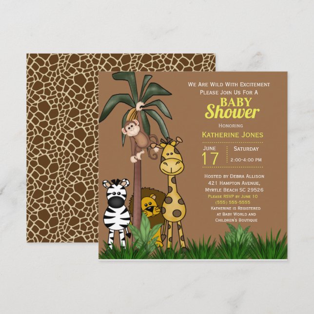 Invitación a Baby Shower de animales de la jungla (Anverso / Reverso)