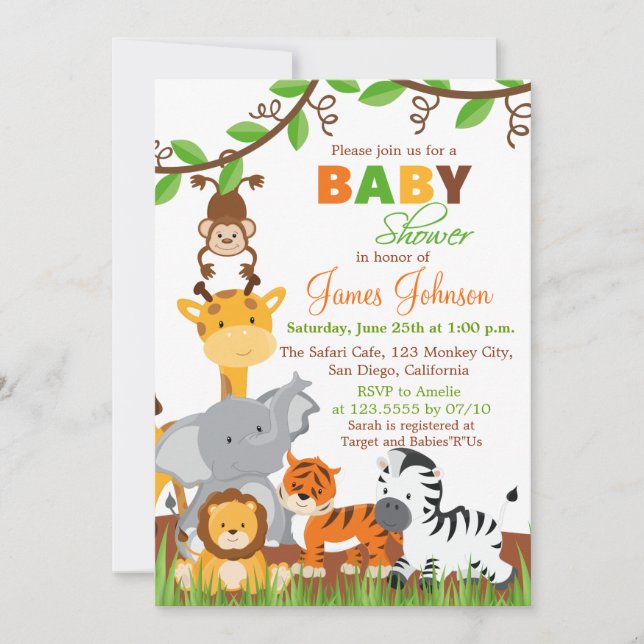 Invitación a Baby Shower de animales de la jungla (Anverso)