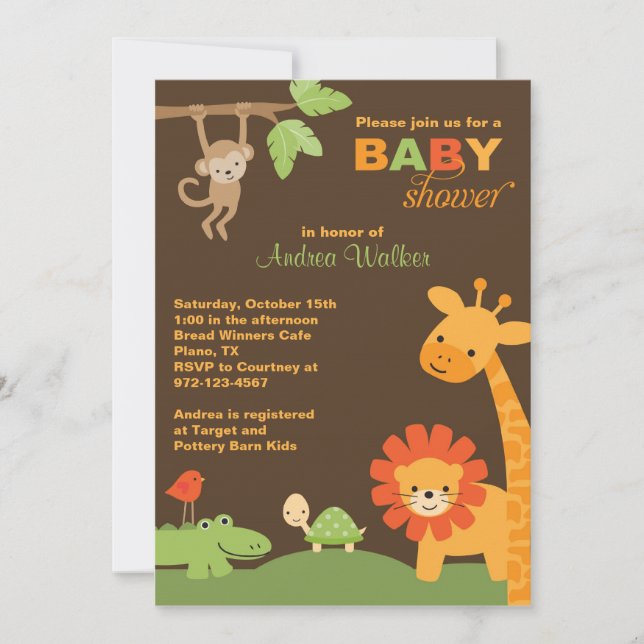 Invitación a Baby Shower de animales de la jungla (Anverso)