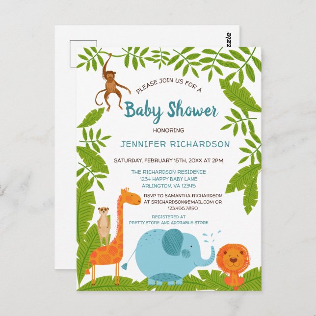 Invitación a Baby Shower de animales de la jungla  (Anverso / Reverso)