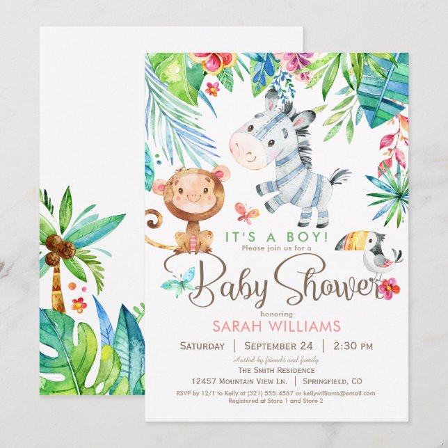 Invitación a Baby Shower de animales de la jungla, (Anverso / Reverso)