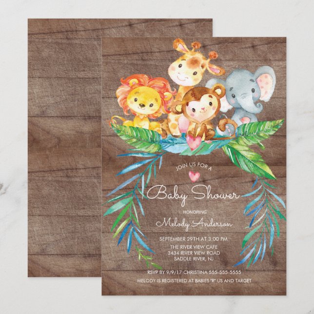 Invitación a Baby Shower de animales de la jungla  (Anverso / Reverso)