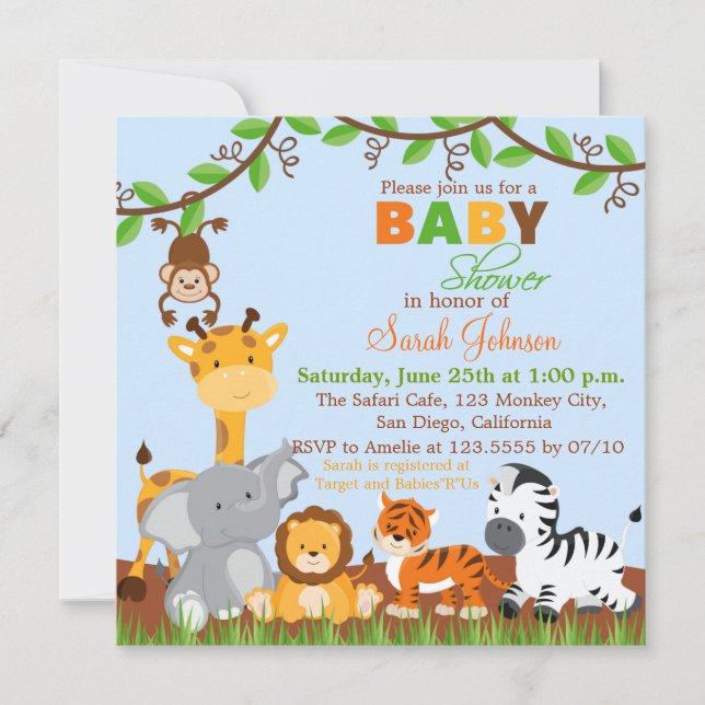 Invitación a Baby Shower de animales de la jungla  (Anverso)