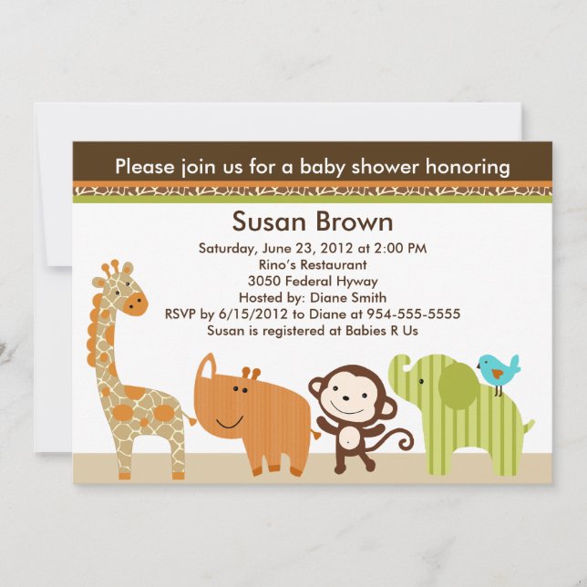 Invitación a Baby Shower de animales de la jungla  (Anverso)