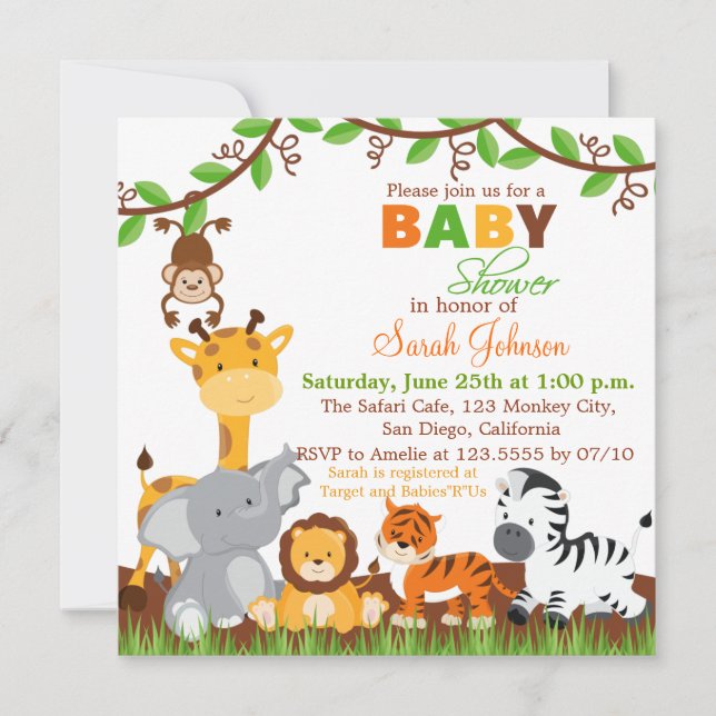 Invitación a Baby Shower de animales de la jungla  (Anverso)