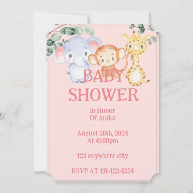 Invitación a baby shower de animales de la selva r (Anverso)
