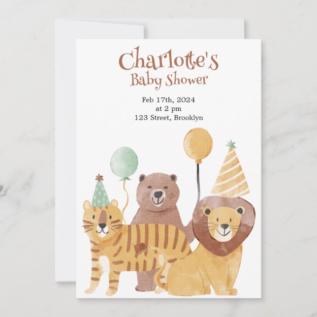 Invitación a Baby Shower de animales de Safari (Anverso)