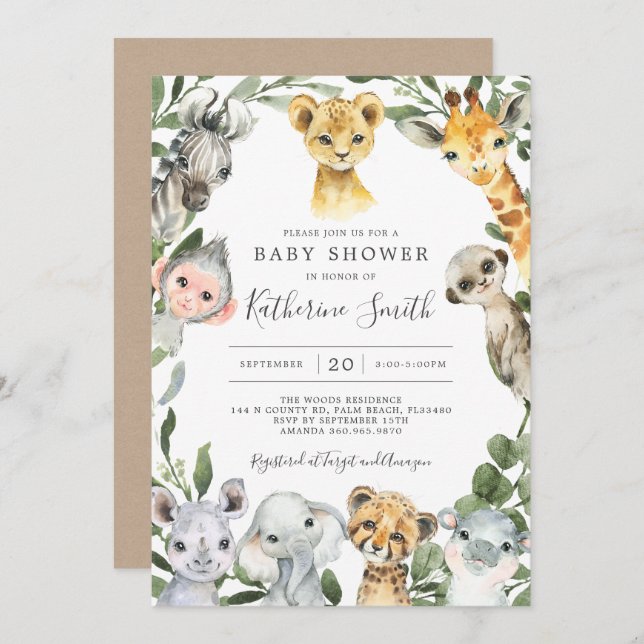 Invitación a Baby Shower de animales de Safari (Anverso / Reverso)