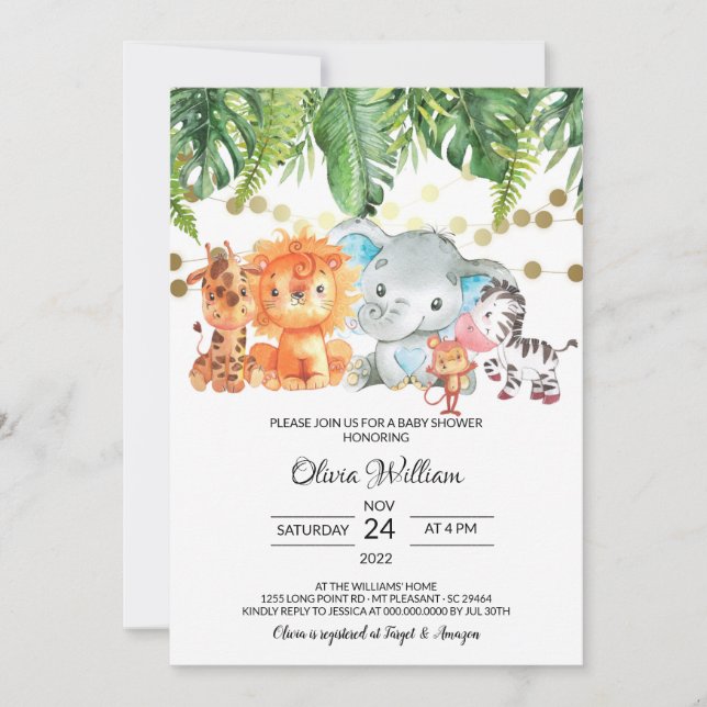Invitación a Baby Shower de animales de Safari (Anverso)