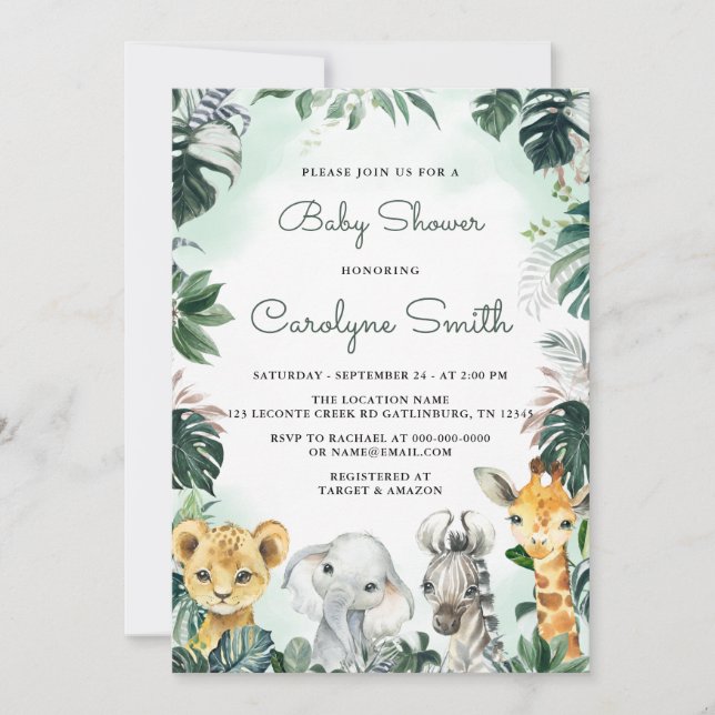 Invitación a Baby Shower de animales de Safari (Anverso)