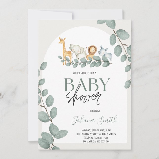 Invitación a Baby Shower de animales de Safari (Anverso)