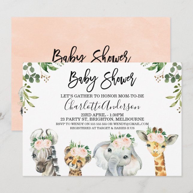Invitación a Baby Shower de animales de safari con (Anverso / Reverso)