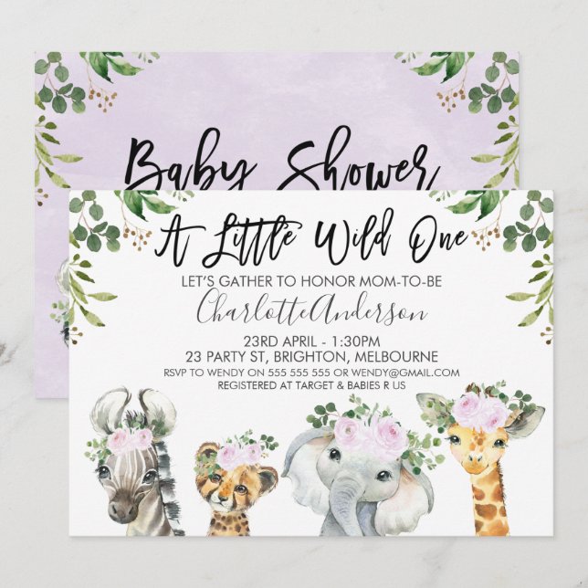 Invitación a Baby Shower de animales de Safari mor (Anverso / Reverso)