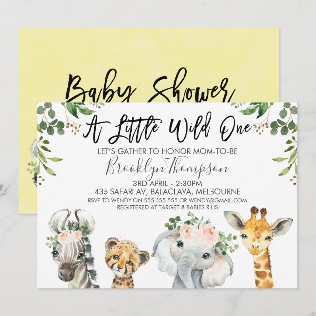 Invitación a Baby Shower de animales de safari neu (Anverso / Reverso)