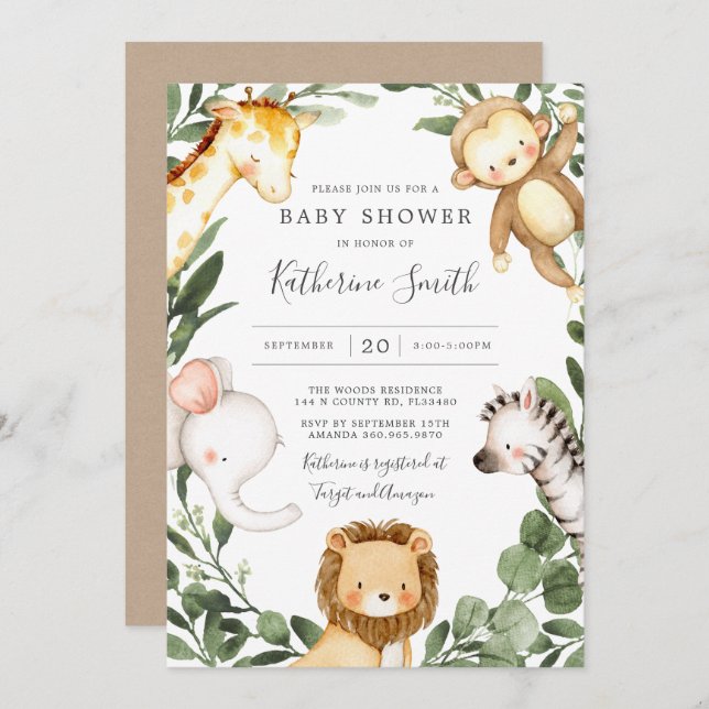 Invitación a Baby Shower de animales de safari par (Anverso / Reverso)