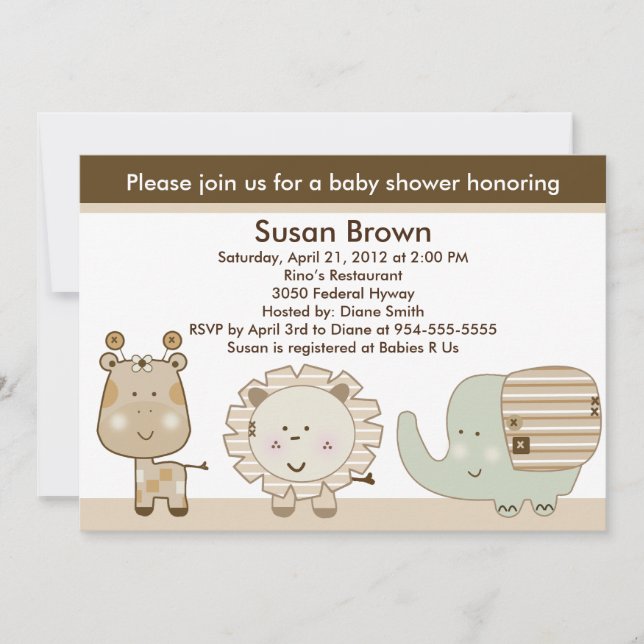 Invitación a Baby Shower de animales de Safari som (Anverso)