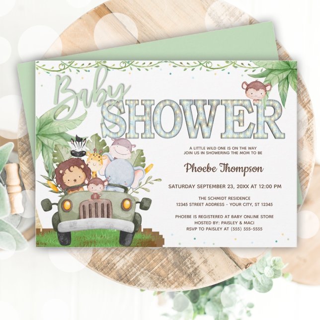 Invitación a Baby Shower de animales de safari ver (Green Safari Animals Baby Shower Invitation)