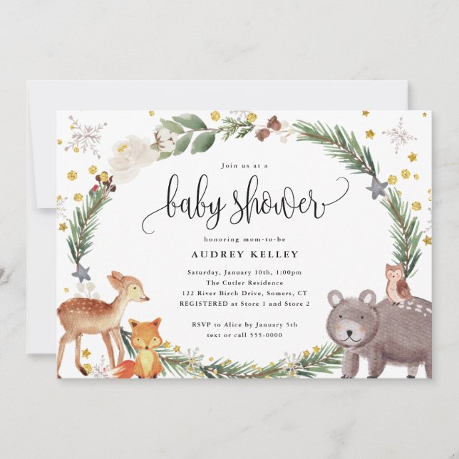 Invitación a Baby Shower de Animales de Winter Woo (Anverso)