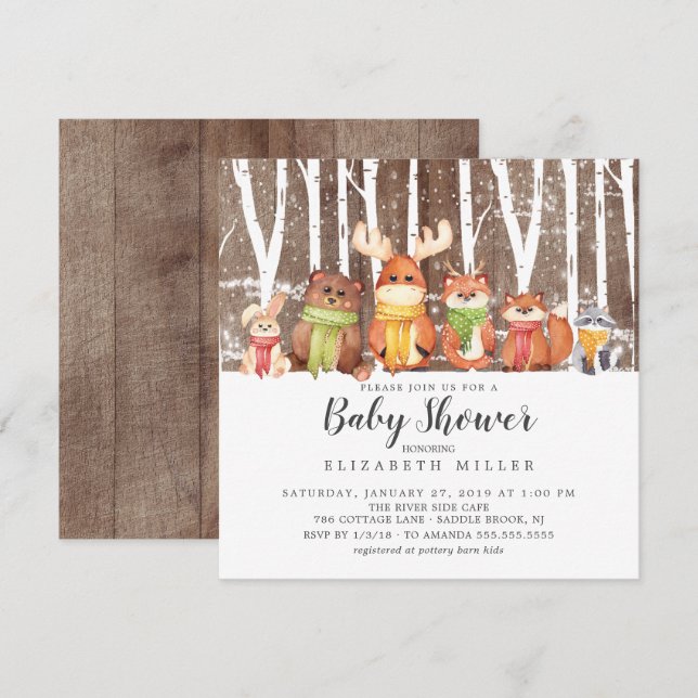 Invitación a Baby Shower de Animales de Winter Woo (Anverso / Reverso)