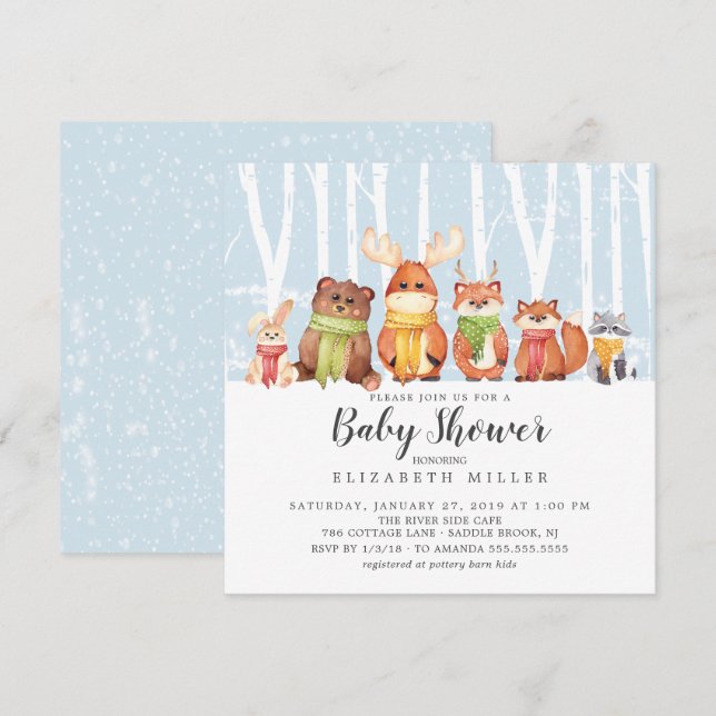 Invitación a Baby Shower de Animales de Winter Woo (Anverso / Reverso)