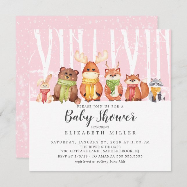 Invitación a Baby Shower de Animales de Winter Woo (Anverso / Reverso)