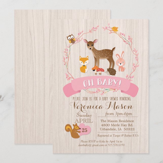 Invitación a baby shower de animales del bosque de (Anverso / Reverso)