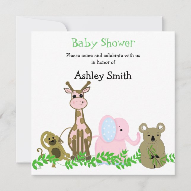 Invitación a Baby Shower de animales del zoológico (Anverso)