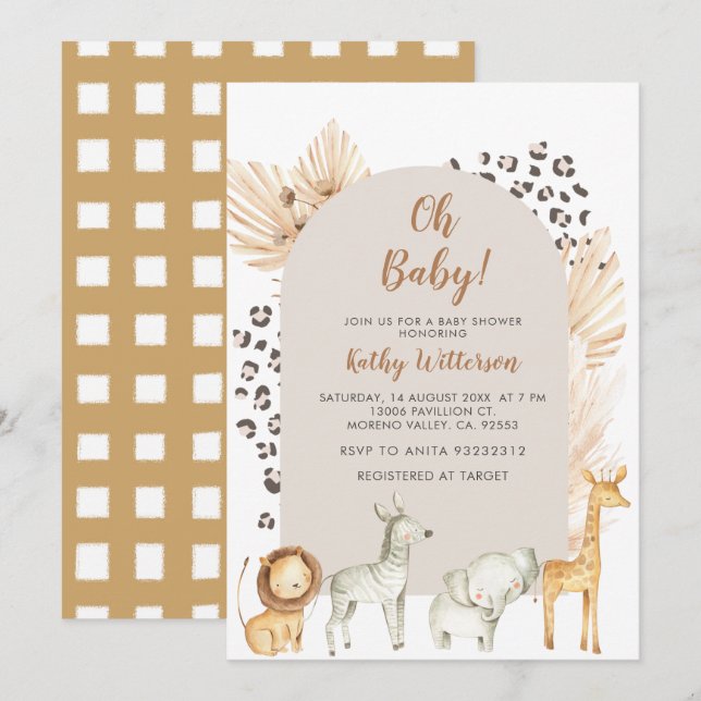 Invitación a Baby Shower de animales jungla (Anverso / Reverso)