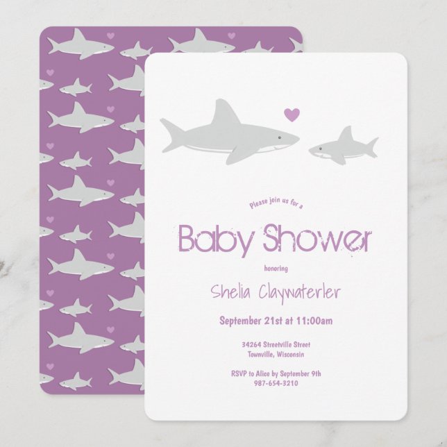 Invitación a Baby Shower de animales morados de ti (Anverso / Reverso)