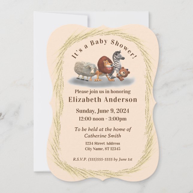 Invitación a Baby Shower de animales rellenos (Anverso)