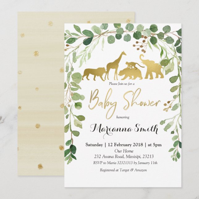 Invitación a Baby Shower de animales salvajes (Anverso / Reverso)