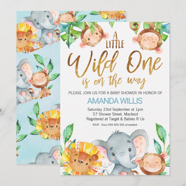 Invitación a Baby Shower de animales salvajes de u (Anverso / Reverso)