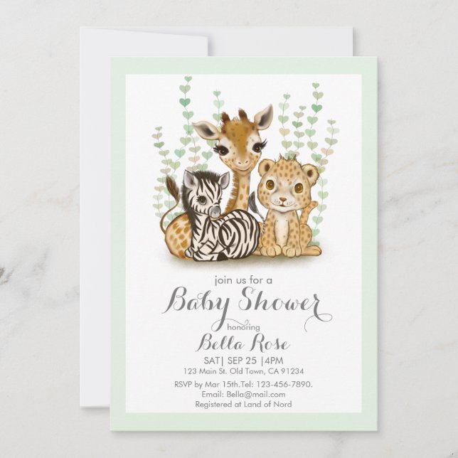 Invitación a Baby Shower de animales salvajes y sa (Anverso)