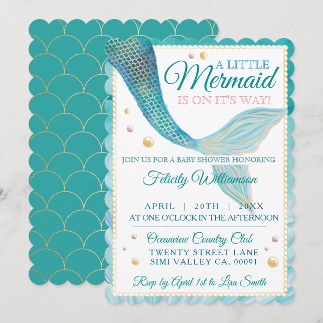 Invitación a Baby Shower de Aqua Ocean Mermaid Tai (Anverso / Reverso)