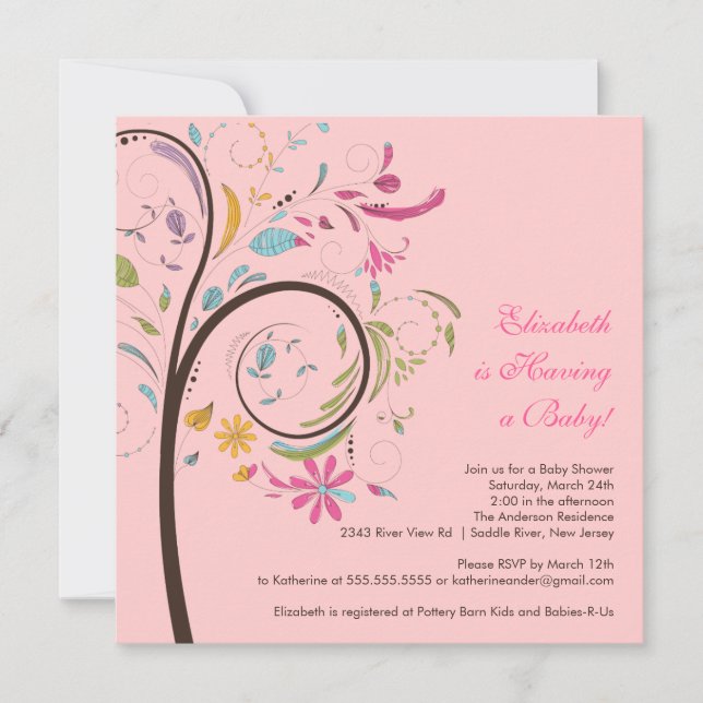 Invitación a Baby Shower de árbol floral de primav (Anverso)