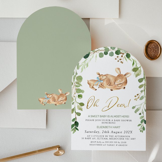 Invitación a Baby Shower de Arched Blue Bow Oh Dee (Greenery Arched Oh Deer Baby Shower Invitation, Gender Neutral, Deer Fawn Baby Shower Invite Foliage)