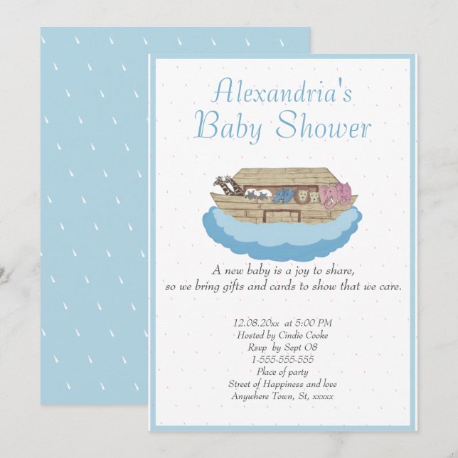 Invitación a Baby Shower de Ark Blue de Baby Boy N (Anverso / Reverso)