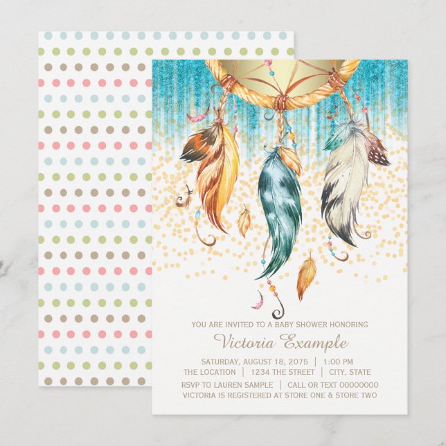 Invitación a Baby Shower de Atrapasueños Boho (Anverso / Reverso)