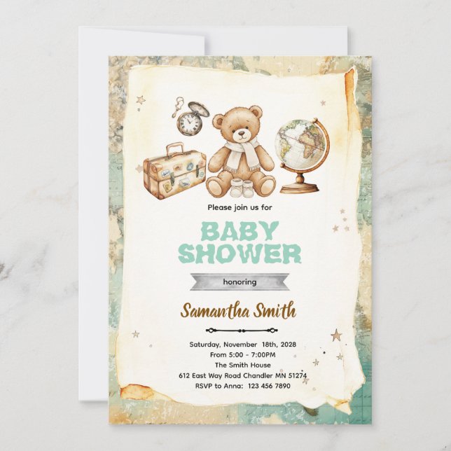 Invitación a baby shower de aventura (Anverso)