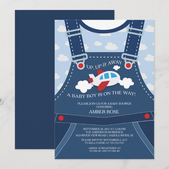 Invitación a Baby Shower de avión de Cute Overalls (Anverso / Reverso)